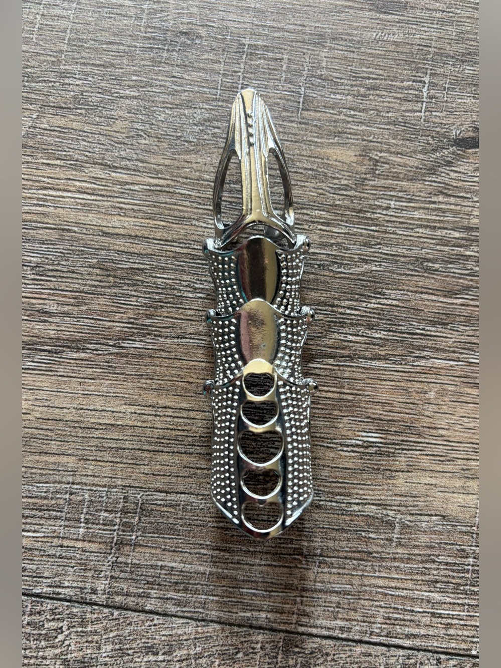 Silver-tone adjustable full-finger armor ring hinged multi-segment textured dot